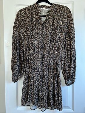 XS Zara Black Floral-Print Long Sleeve Cinched Waist Dress